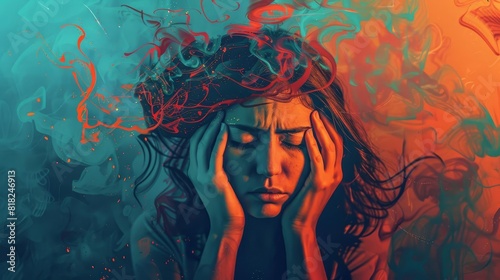 woman overwhelmed by stress and anxiety concept of mental health and burnout digital illustration