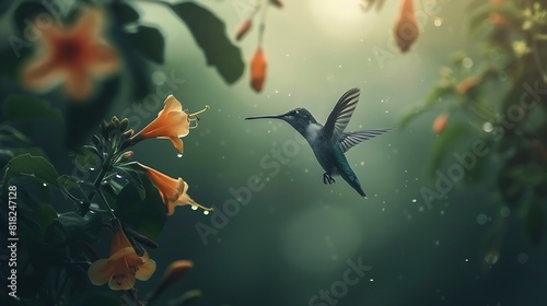 Tiny hummingbird hovering near a flower.