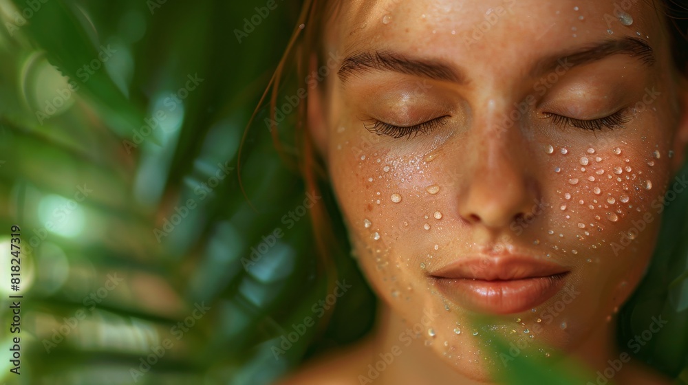 Portrait of a beautiful woman with closed eyes and natural makeup, green leaves and water drops on her face, healthy skin. Beauty concept for a women's spa or beauty salon Portrait of a beautiful woman with closed eyes and natural makeup, green leaves and water drops on her face, healthy skin. Beauty concept for a women's spa or beauty salon