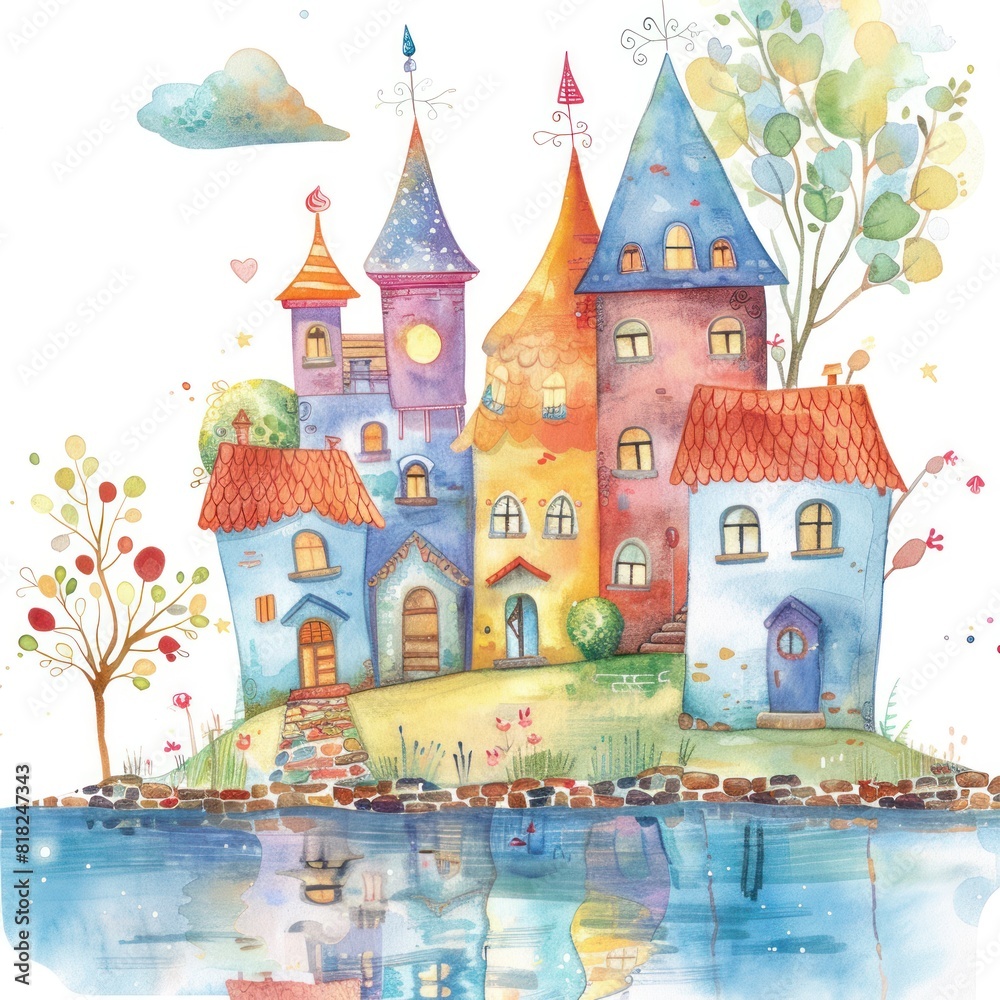 A watercolor painting of a colorful castle with turrets, situated on a small island. The island is reflected in the water below. There are trees nearby.