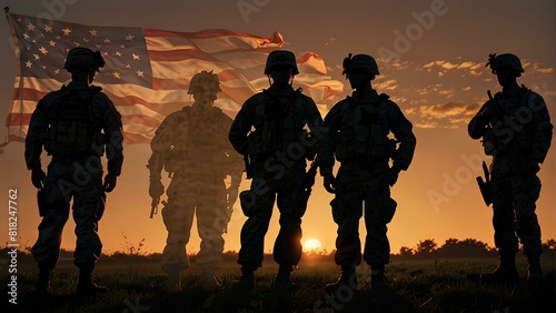 The silhouette soldiers looking at the sunset sky, Remembering their dead friends. The American flag is drawn in the sky. Symbol of pride & remembrance.
Memorial Day, Remembrance Day, Independence Day