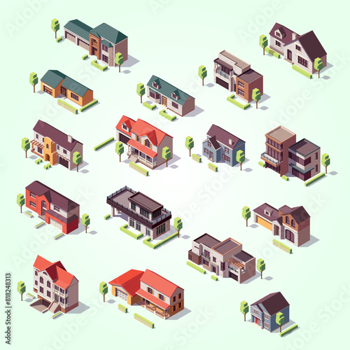 Suburbian buildings isometric composition with sixteen isolated images of modern residential houses with garages and trees photo