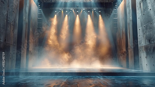 Empty concert stage with spotlights and sound equipment