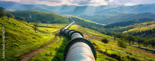 Serpentine pipeline in lush green landscape at sunset