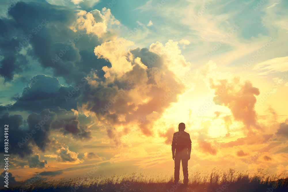 Fototapeta premium Silhouette of a lonely man standing in a fantasy landscape and looking at the shining cloudy sky, representing introspection and spiritual meditation.