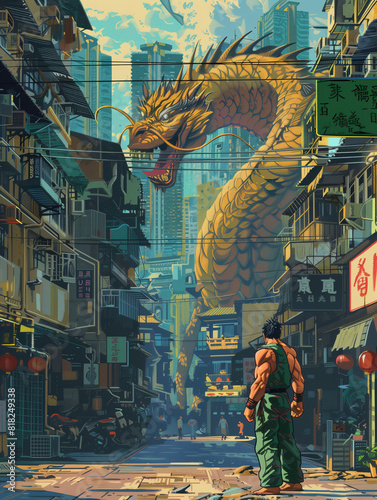 A Chinese dragon is in the background of an old street with tall buildings, in the pixel art style. A muscular man wearing green pants stands on it looking up, in a cyberpunk cityscape.