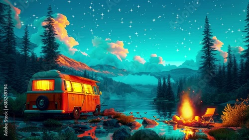 Camping in a van on the beach with a campfire at night, under starlit sky, creating a serene and tranquil atmosphere. themes of adventure and relaxation, seamless looping video background animation photo