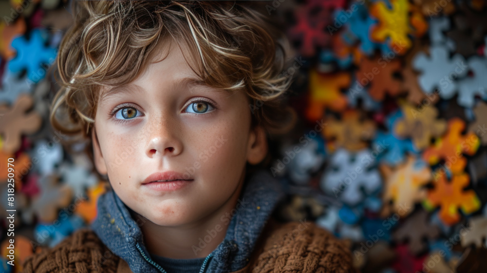World Autism Awareness Day: Boy on Puzzle Background World Autism Awareness Day: Boy on Puzzle Background