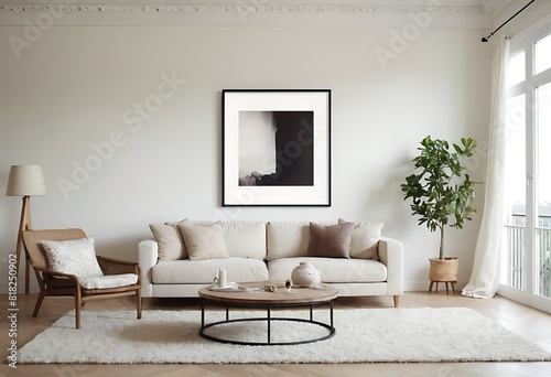 Frame mockup  ISO A paper size. Living room poster mockup. Interior mockup with house white background. Modern interior design. 3D render