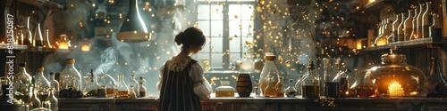 Medieval Alchemists Lab A D Rendering of a Female Researchers Enchanted Pursuit of Knowledge and Mystical Elements photo