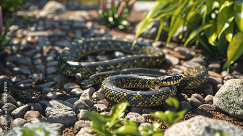 garter snake flat design front view garden 3D render Vivid photo