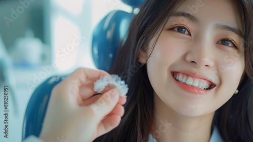Happy woman with perfect smile at dental clinic. Close-up of dental aligners. Health and wellness concept. Colorful photo with a focus on lifestyle and care. AI photo