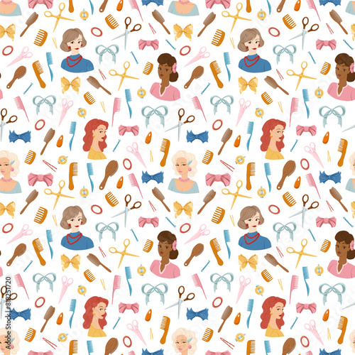 Hairdressing tools seamless pattern. Retro waist up women portraits, bows, hairbrushes, scissors and different hair accessories. Cartoon hand drawn vector illustration. White background. Print design.