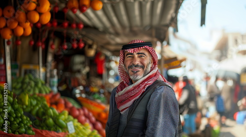 Middle-aged Arab man in traditional red and white keffiyeh, smiling in a vibrant market setting