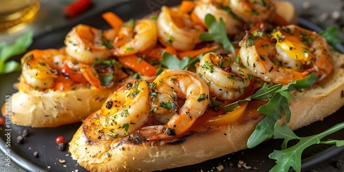 Shrimp scampi on crusty baguette with zesty sauce arugula and pepper. Concept Recipe Suggestions, Shrimp Scampi Ideas, Baguette Toppings, Zesty Sauces, Arugula Pairings