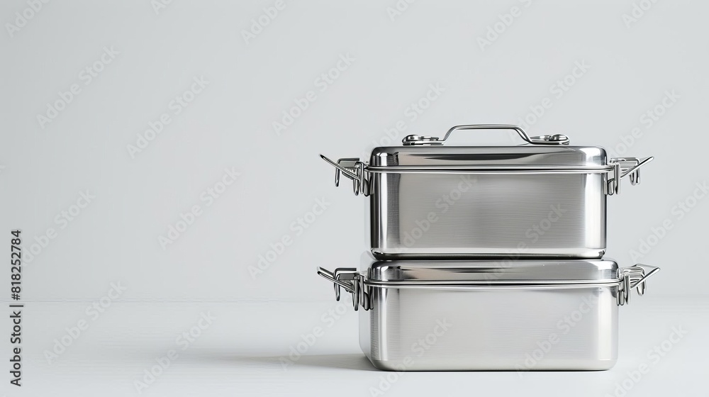 sleek stainless steel lunch box set gleaming on pristine white backdrop modern minimalist still life sleek stainless steel lunch box set gleaming on pristine white backdrop modern minimalist still life
