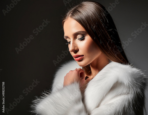 Stunning beautiful woman in a luxurious white fur coat and hair, illuminated with dynamic composition and dramatic lighting. 