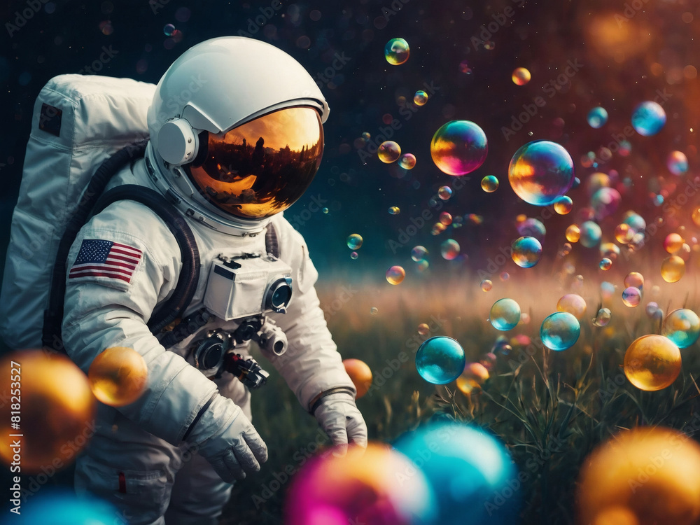 Pop Surrealism, Astronaut Journeying Through Colorful Bubbles in Galactic Art. Pop Surrealism, Astronaut Journeying Through Colorful Bubbles in Galactic Art.