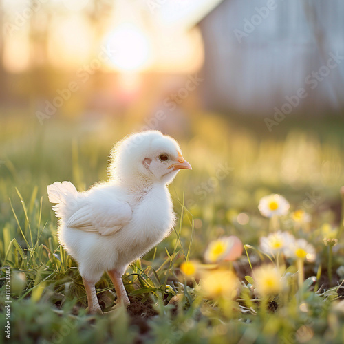 In the isolated farmyard surrounded by the serene beauty of nature a cute white baby chicken with soft feathers explores its background on a picturesque spring Easter morning alongside 