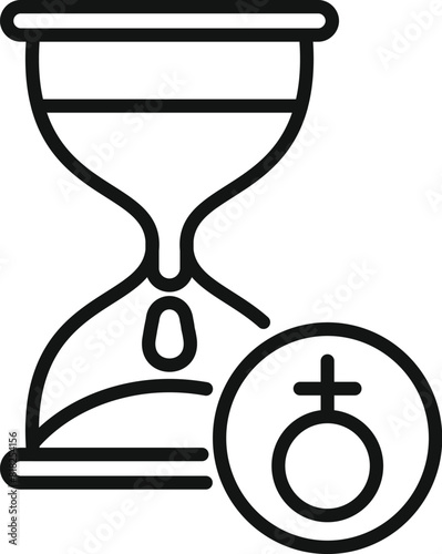 Line art icon of an hourglass next to a female gender symbol, symbolizing time and women