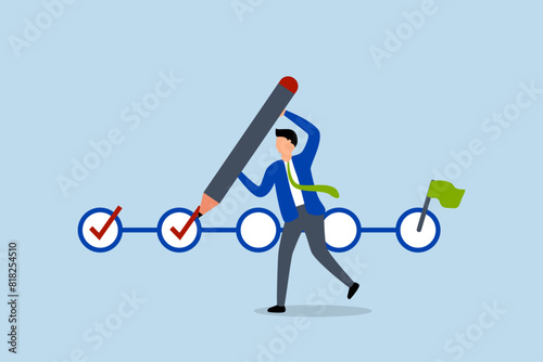 Project tracking, businessman project manager with a big pen to check completed tasks on a project management timeline.