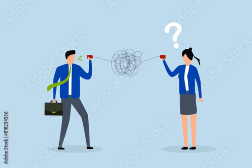 Bad communication, businessman talks through confused chaos, tangled phone line confuses others.