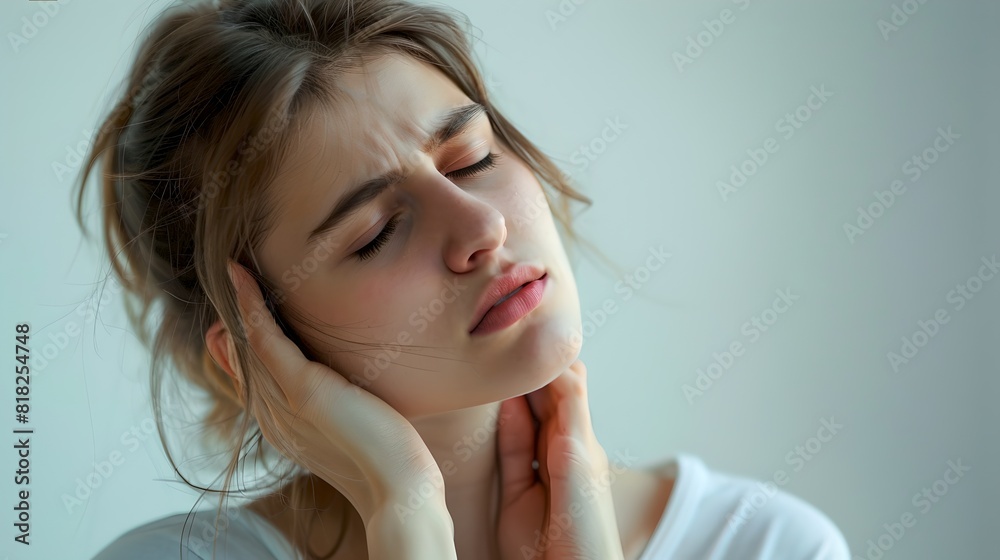 Woman experiencing neck pain and discomfort. This image has soft colors and natural light. Perfect for health or wellness topics. AI Woman experiencing neck pain and discomfort. This image has soft colors and natural light. Perfect for health or wellness topics. AI