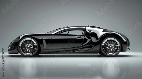 Fototapeta Naklejka Na Ścianę i Meble -  sleek black sports car with shiny chrome details on modern metallic grey background concept illustration