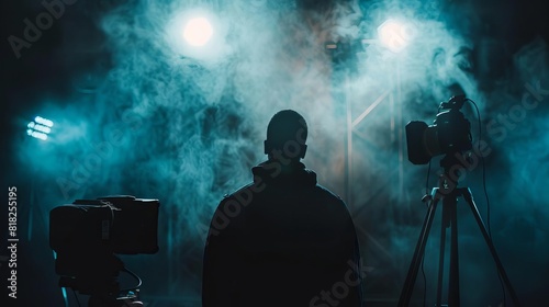 cinematic spotlight silhouette blurred cinematographer in dark smoky studio with led lights and filmmaking equipment atmospheric photography photo