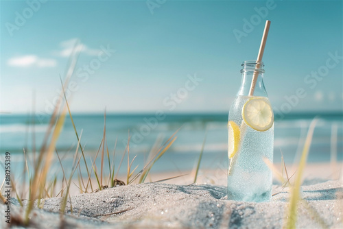 Glass bottle with cold sparkle water and lemon with bamboo straw at the sand of the beautiful beach with grass on the background. Refreshing and non-alcoholic summer tropical drink concept photo