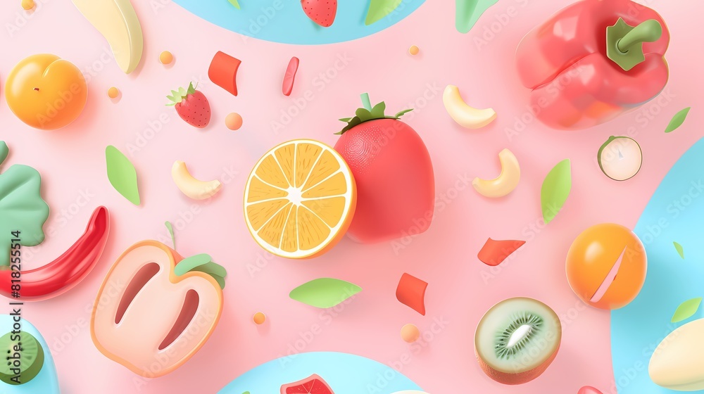 A colorful blend of vibrant fruits and veggies floating on a pastel backdrop