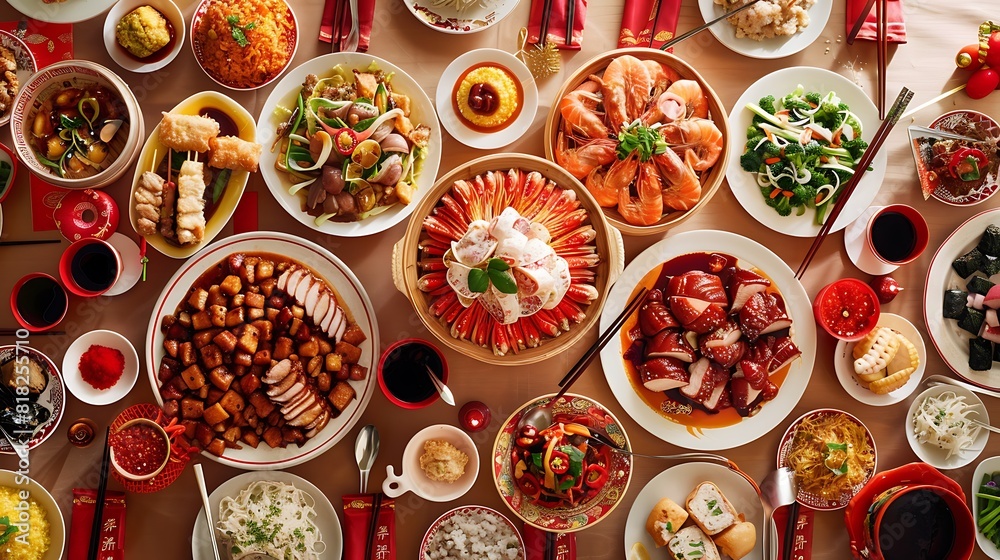 Traditional Chinese New Year family reunion dinner, featuring a lavish spread of symbolic dishes shared among loved ones.