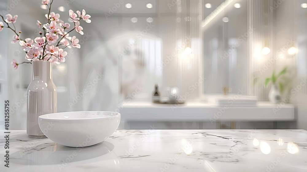 serene white bathroom interior with marble tabletop blurred background digital art serene white bathroom interior with marble tabletop blurred background digital art