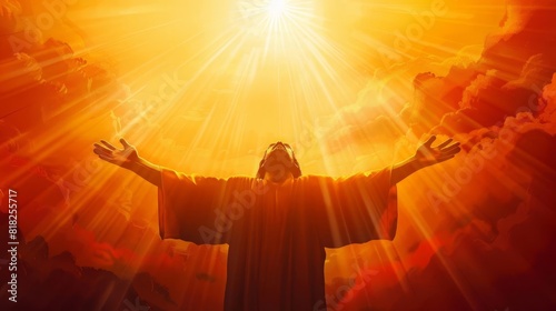 silhouette of jesus with arms raised in spiritual redemption inspirational christian concept digital illustration