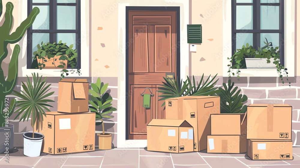 moving box flat design front view relocation cartoon drawing Triadic Color Scheme moving box flat design front view relocation cartoon drawing Triadic Color Scheme