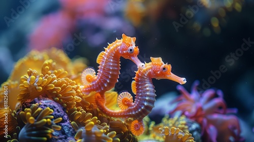 Two small orange sea horses are swimming in a coral reef
