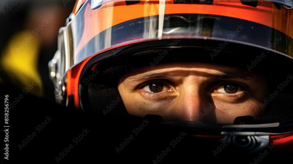 A closeup portrait of a professional race car driver in a sleek reflective helmet eyes focused intently ahead A closeup portrait of a professional race car driver in a sleek reflective helmet eyes focused intently ahead