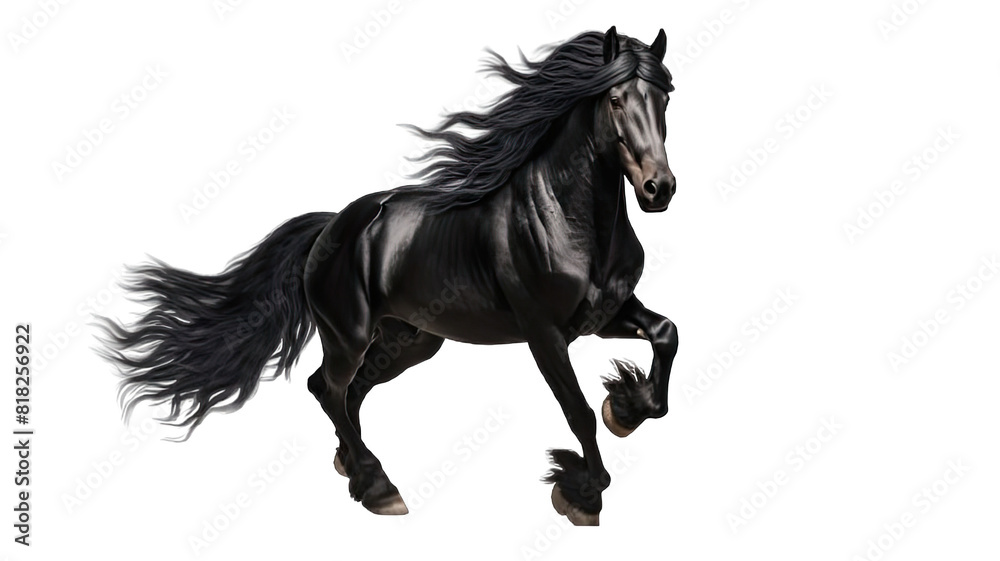 a high quality stock photograph of single jumping satisfied happy black horse full body isolated on a white background