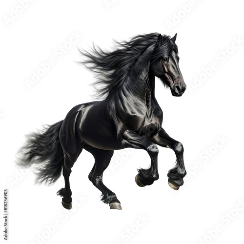 a high quality stock photograph of single jumping satisfied happy black horse full body isolated on a white background