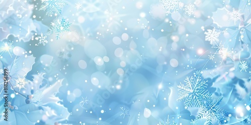 Blue winter background with snow  snowflakes  bokeh. Random falling snow flakes wallpaper. Snowfall many dust freeze granules. Sky white teal blue backdrop. Christmas poster. Xmas cian colored banner