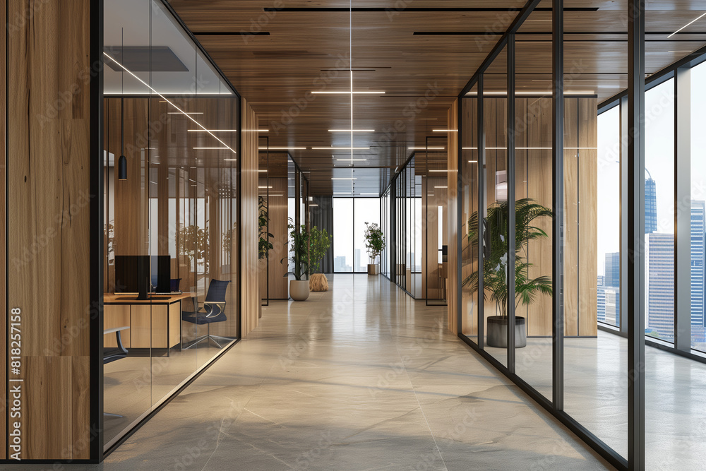 Spacious modern office corridor featuring wooden panels, glass partitions, and indoor plants, creating a sleek and professional workspace with ample natural light. Spacious modern office corridor featuring wooden panels, glass partitions, and indoor plants, creating a sleek and professional workspace with ample natural light.