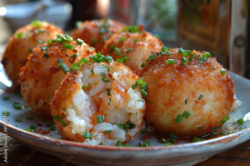 Arancini: Golden-fried rice balls with a crisp exterior and a cheesy, meaty filling visible inside Arancini: Golden-fried rice balls with a crisp exterior and a cheesy, meaty filling visible inside