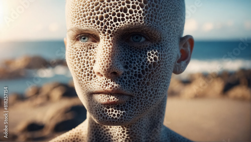 Image of a face with clustered holes, causing feelings of discomfort or fear associated with trypophobia. photo