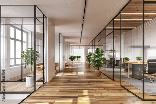Modern office space with glass partitions and sleek wood flooring. Green plants enhance the fresh, professional atmosphere ideal for productivity and collaboration