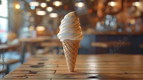 An ice cream cone is sold in a cafe, in a chain of fast food restaurants. Vegan or vegetarian ice cream. Vanilla sherbet, dessert. photo