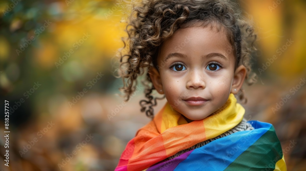 Cute child with curly hair wrapped in a colorful rainbow shawl, standing outdoors with a blurred natural background in autumn. Cute child with curly hair wrapped in a colorful rainbow shawl, standing outdoors with a blurred natural background in autumn.