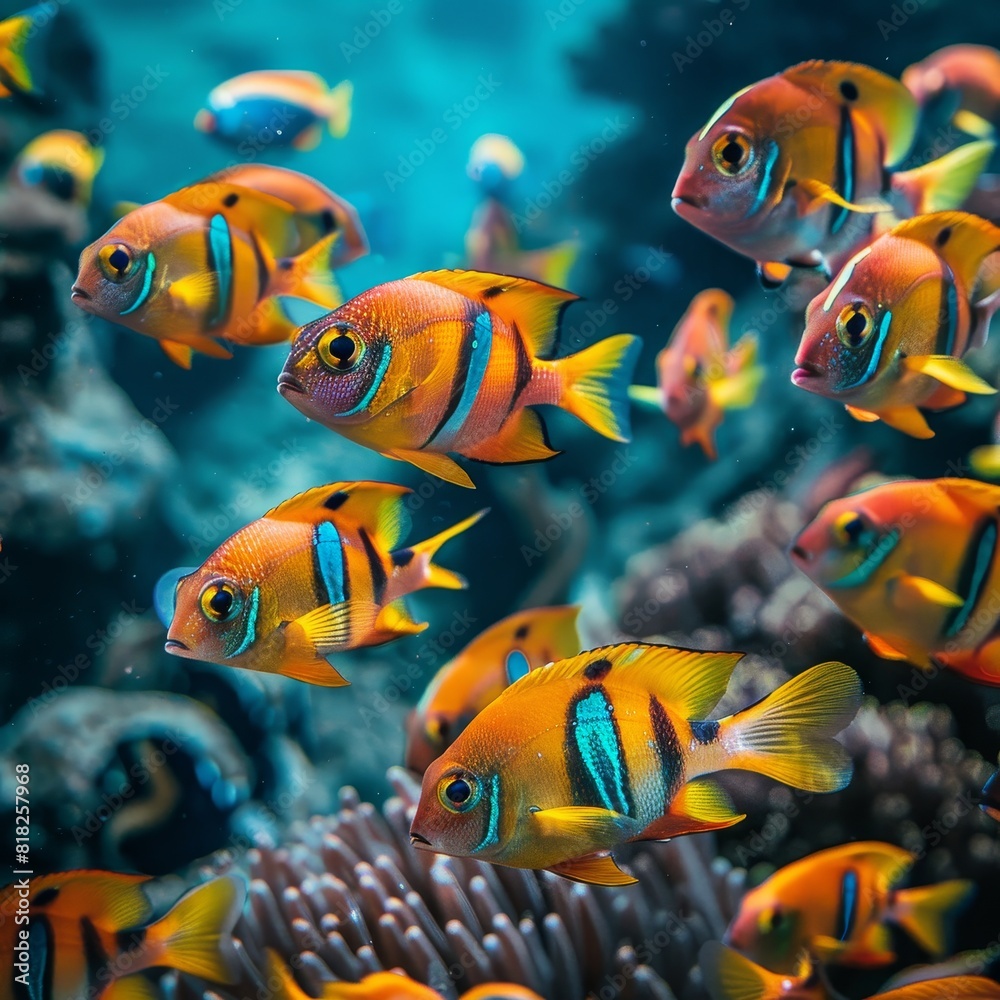 Fototapeta premium A colorful fish is swimming in a school of fish