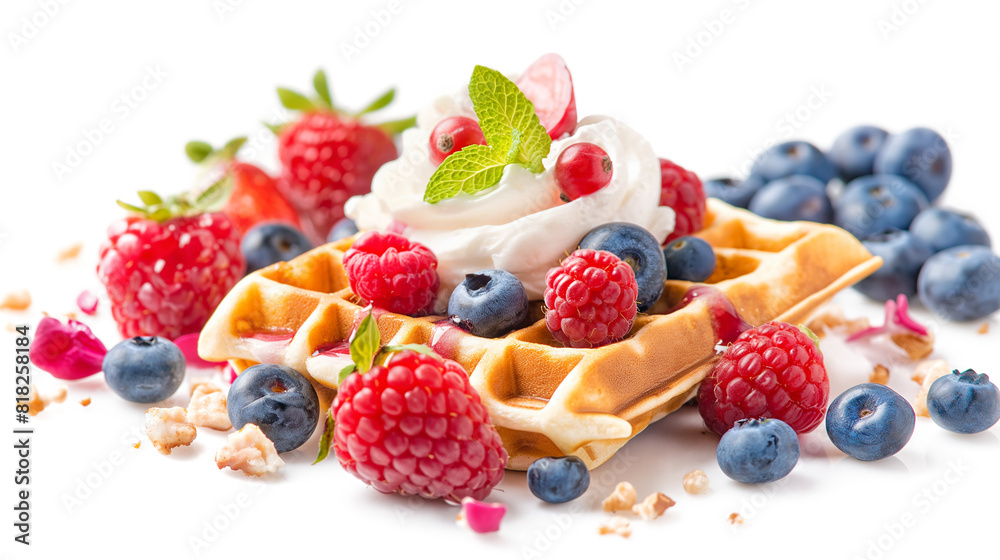 Beautiful yummy snacks. Waffles with cream and fruits isolated on a transparent background Beautiful yummy snacks. Waffles with cream and fruits isolated on a transparent background