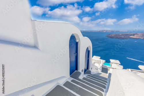 Amazing picturesque landscape, luxury travel vacation. Oia town stairs over sea view  Santorini island, Greece. Traditional famous white houses Caldera. Sunny sky, romance couple vacation summer scene