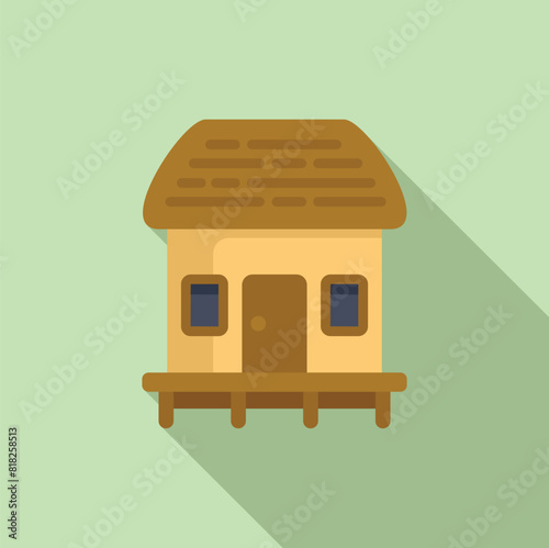 Flat design icon of a quaint cartoon cottage with a shadow, set against a pastel green backdrop